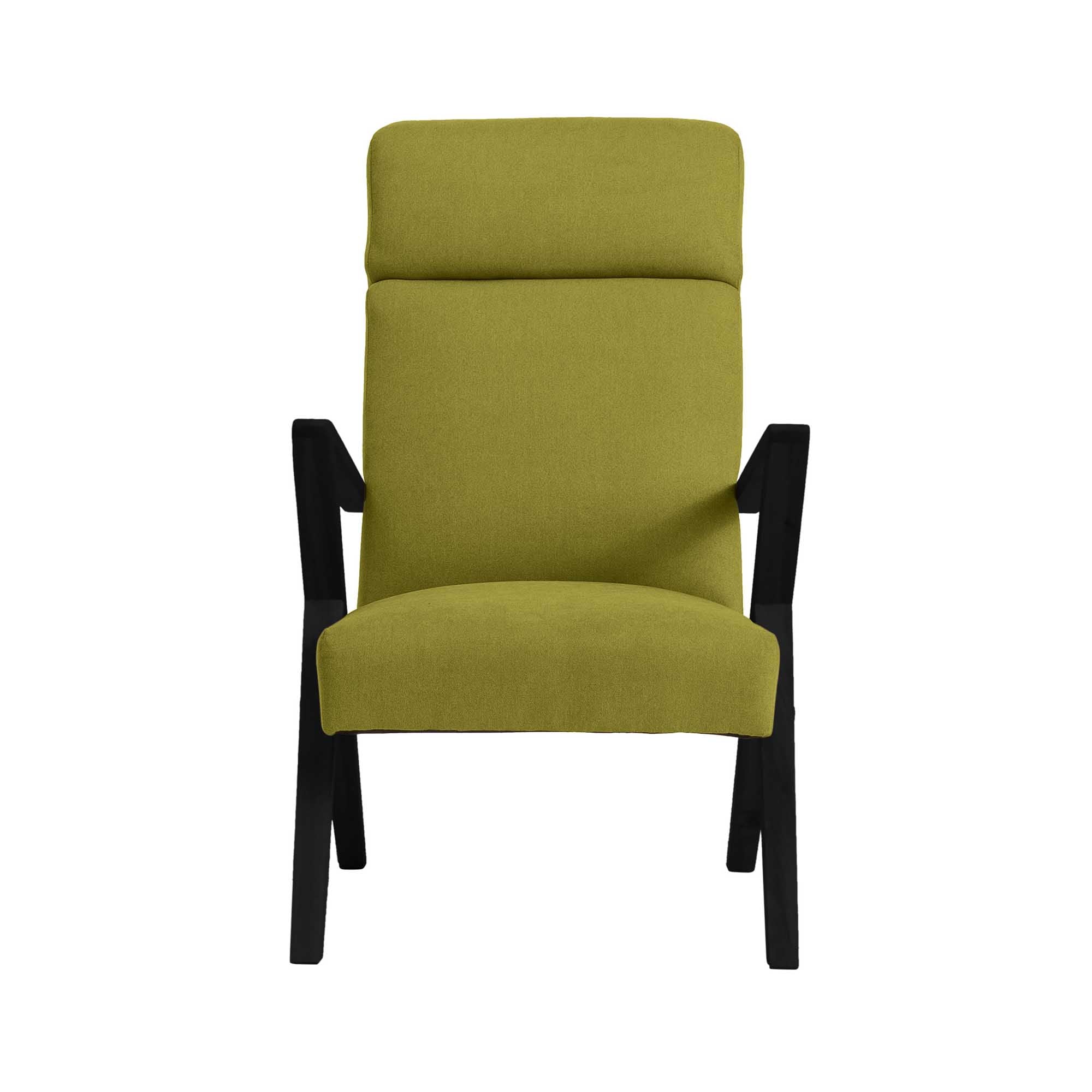 Lounge Chair, Beech Wood Frame, Black Lacquered green fabric, front view