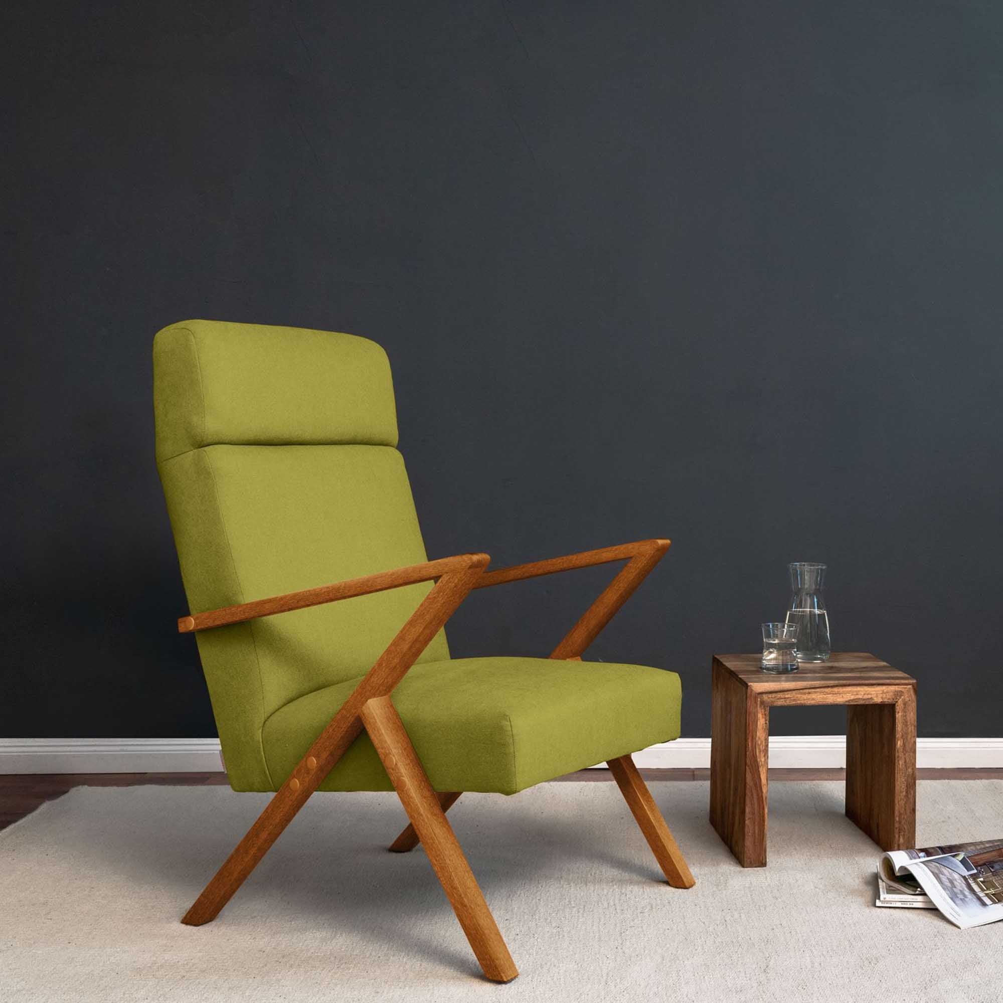 RETROSTAR Lounge Chair, Beech Wood Frame, Oak Colour green fabric left-side interior view