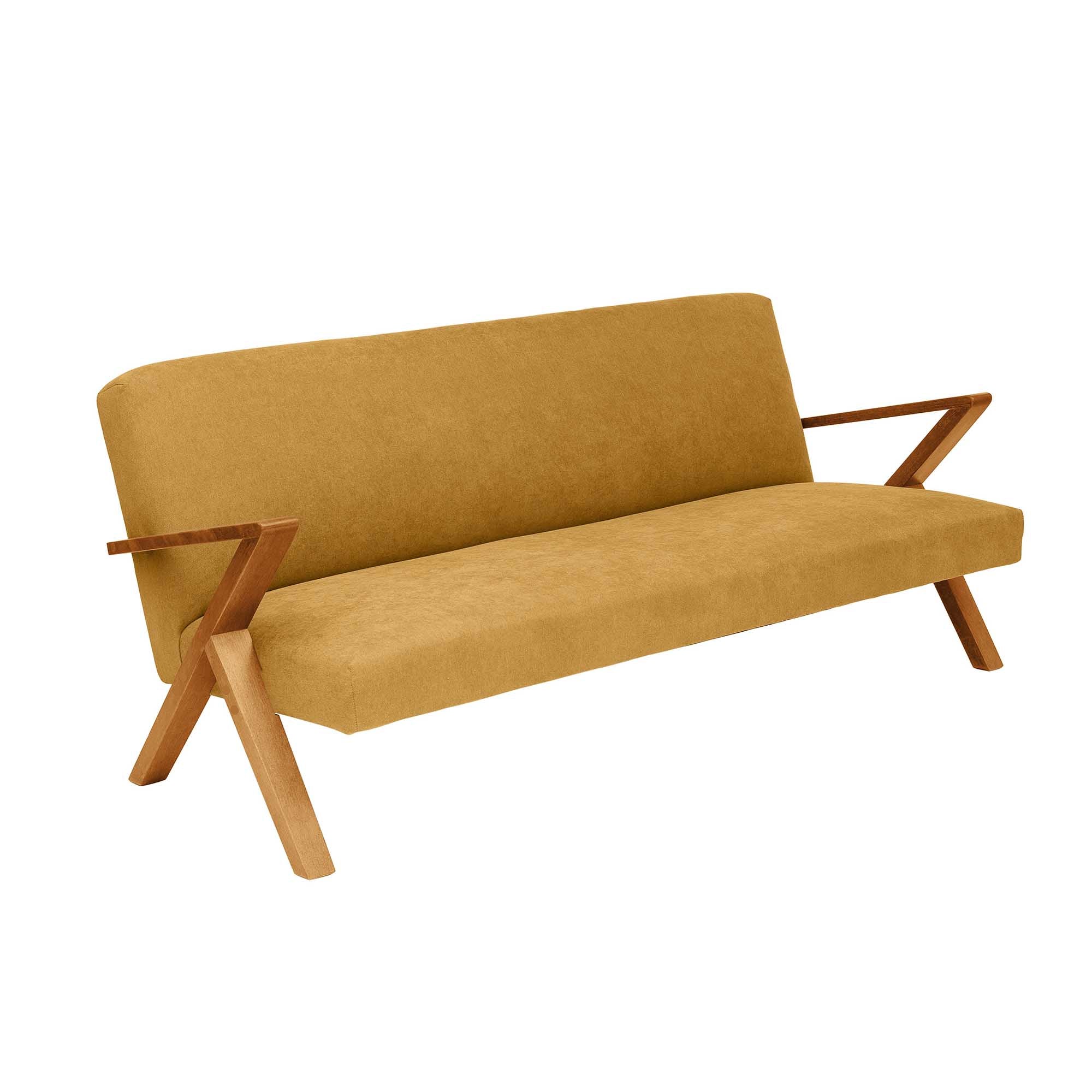 4-seater Sofa Beech Wood Frame, Oak Colour yellow fabric, half-side view