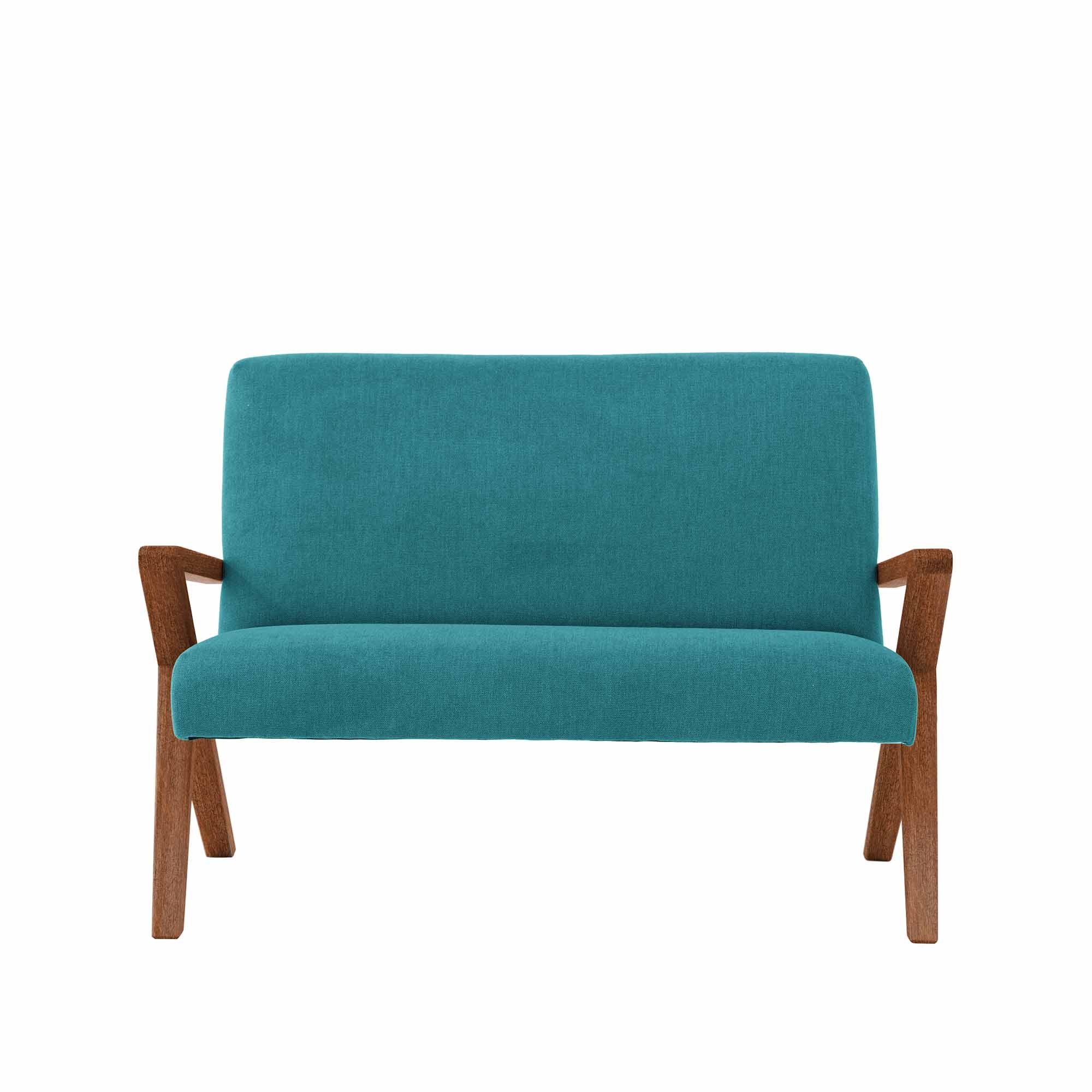  2 Seater Sofa, Beech Wood Frame, Walnut Colour blue fabrick, front view