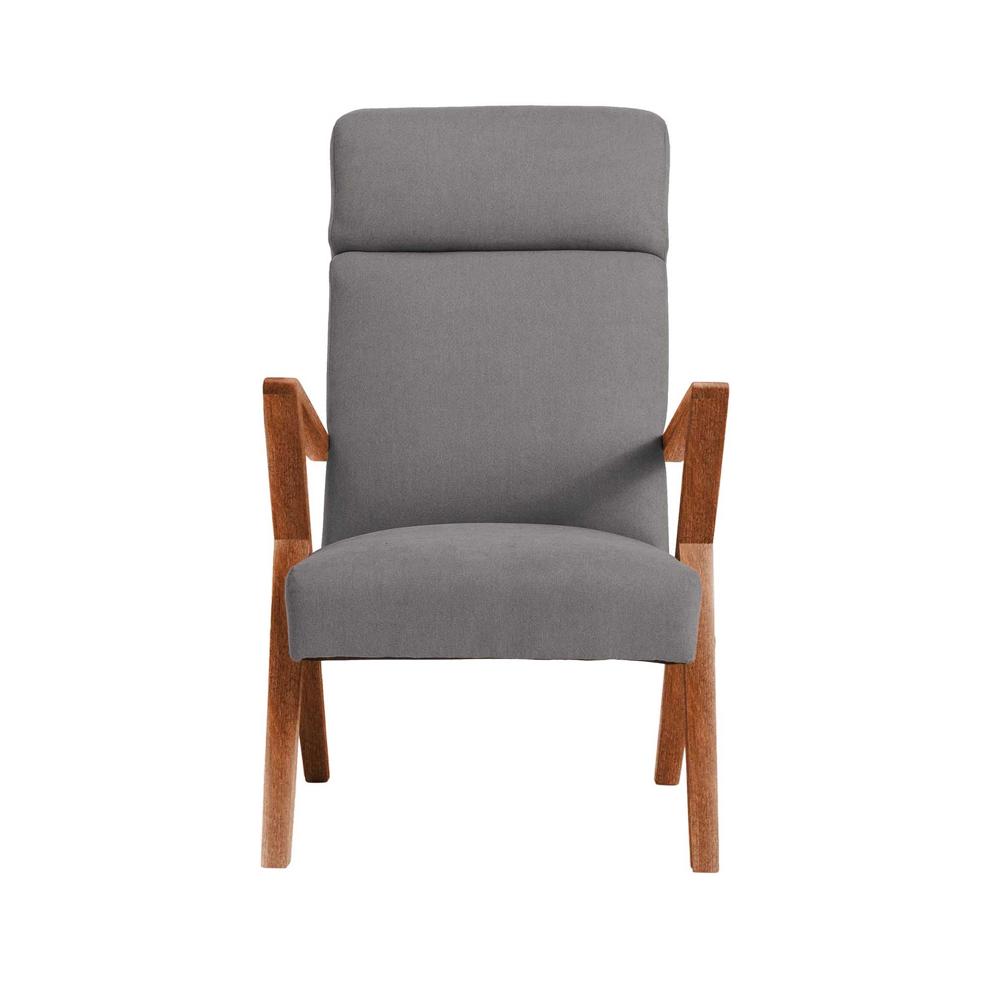 Lounge Chair, Beech Wood Frame, Walnut Colour grey fabric, front view