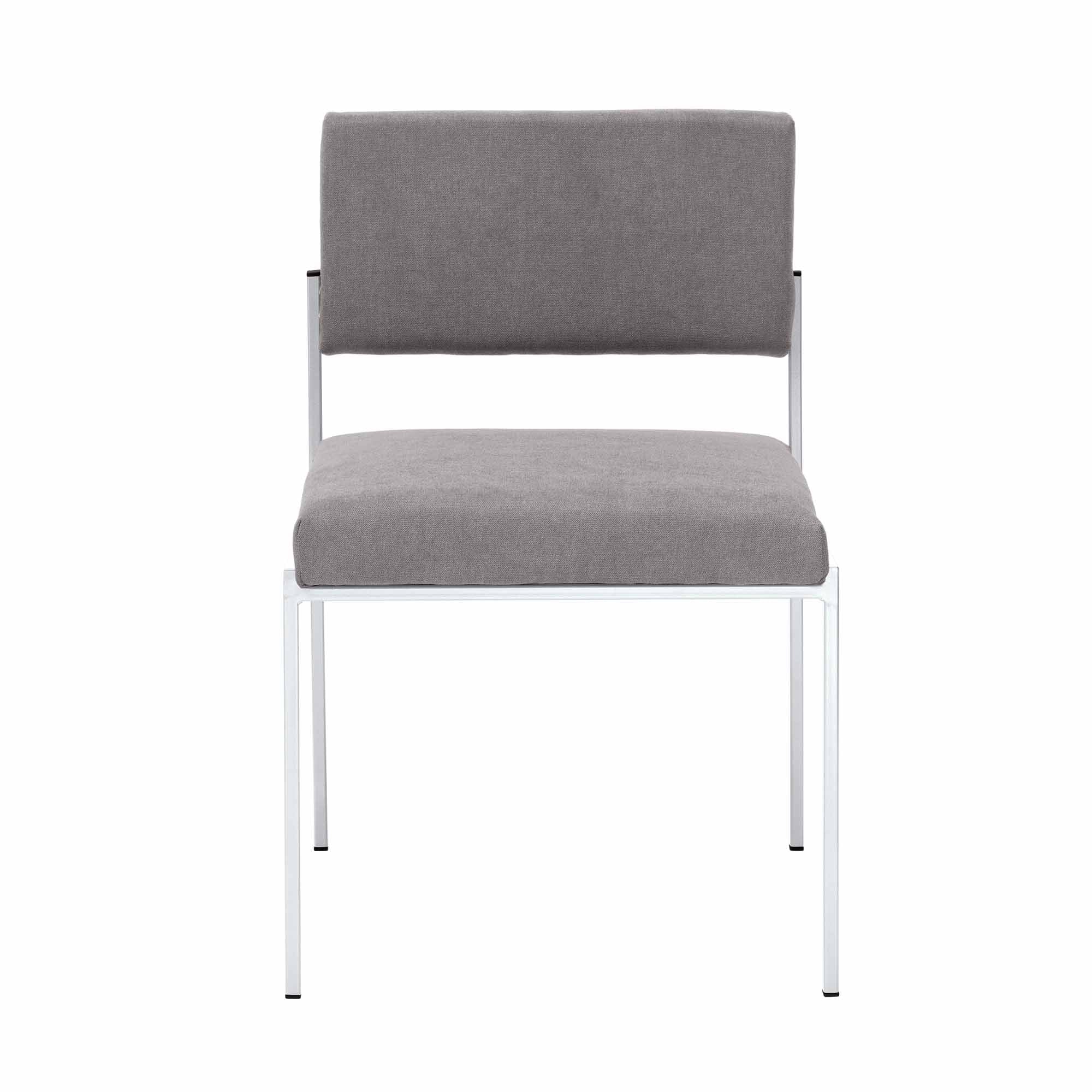  Chair, Powder-Coated Steel Frame, front view grey fabirc, white frame