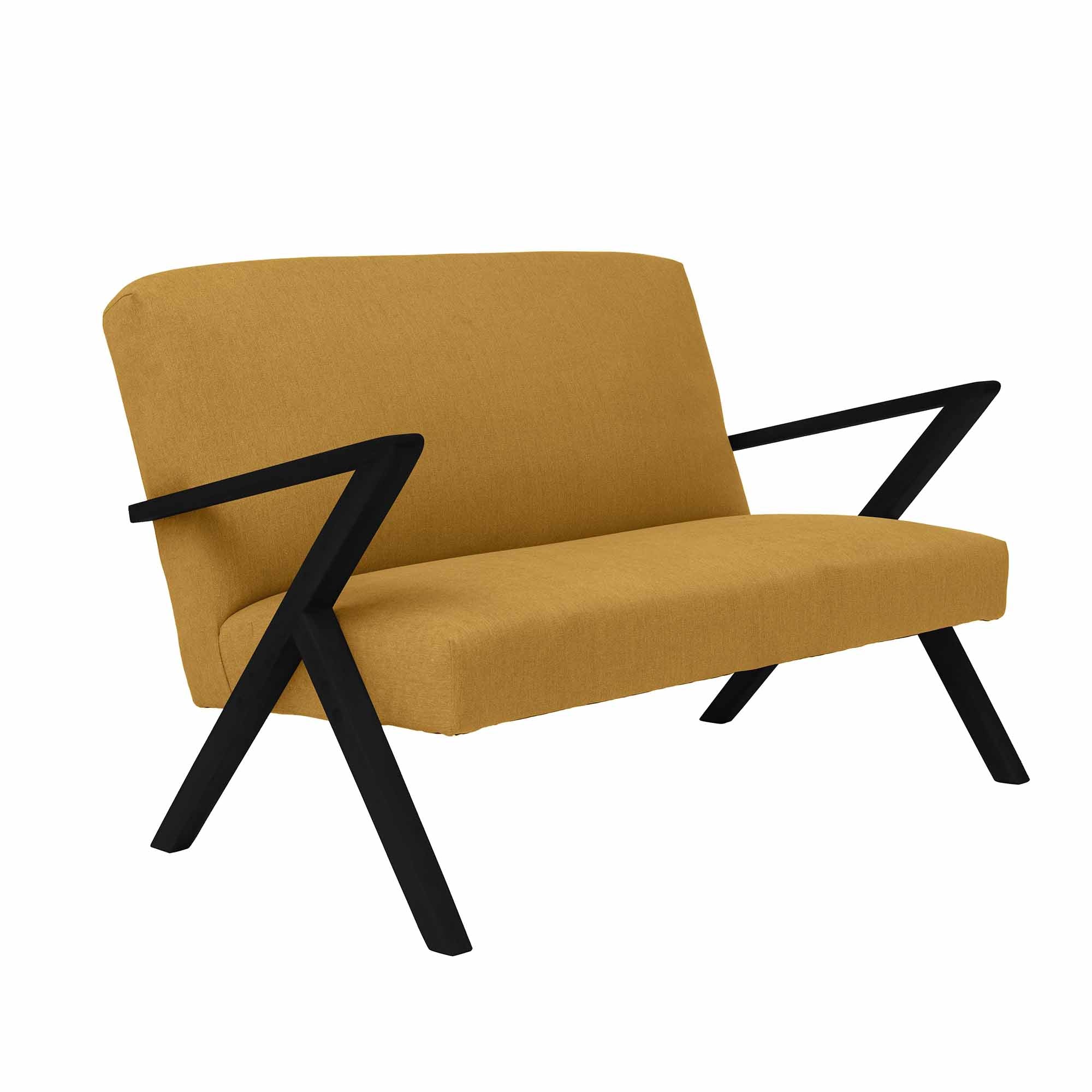 2-Seater Sofa, Beech Wood Frame, Black Lacquered yellow fabric, half-side view