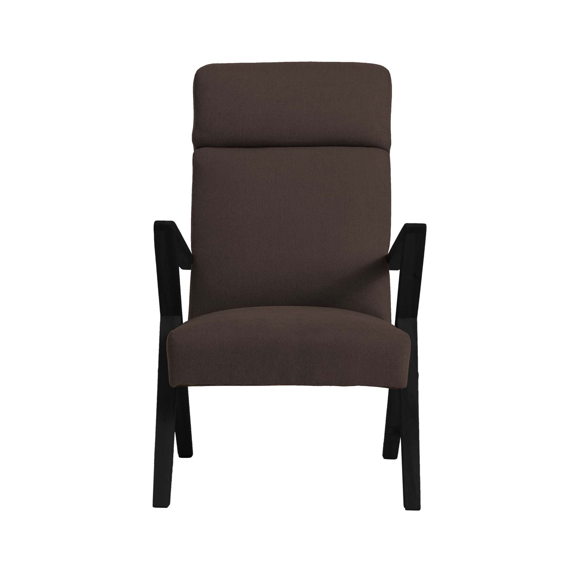 Lounge Chair, Beech Wood Frame, Black Lacquered brown fabric, front view