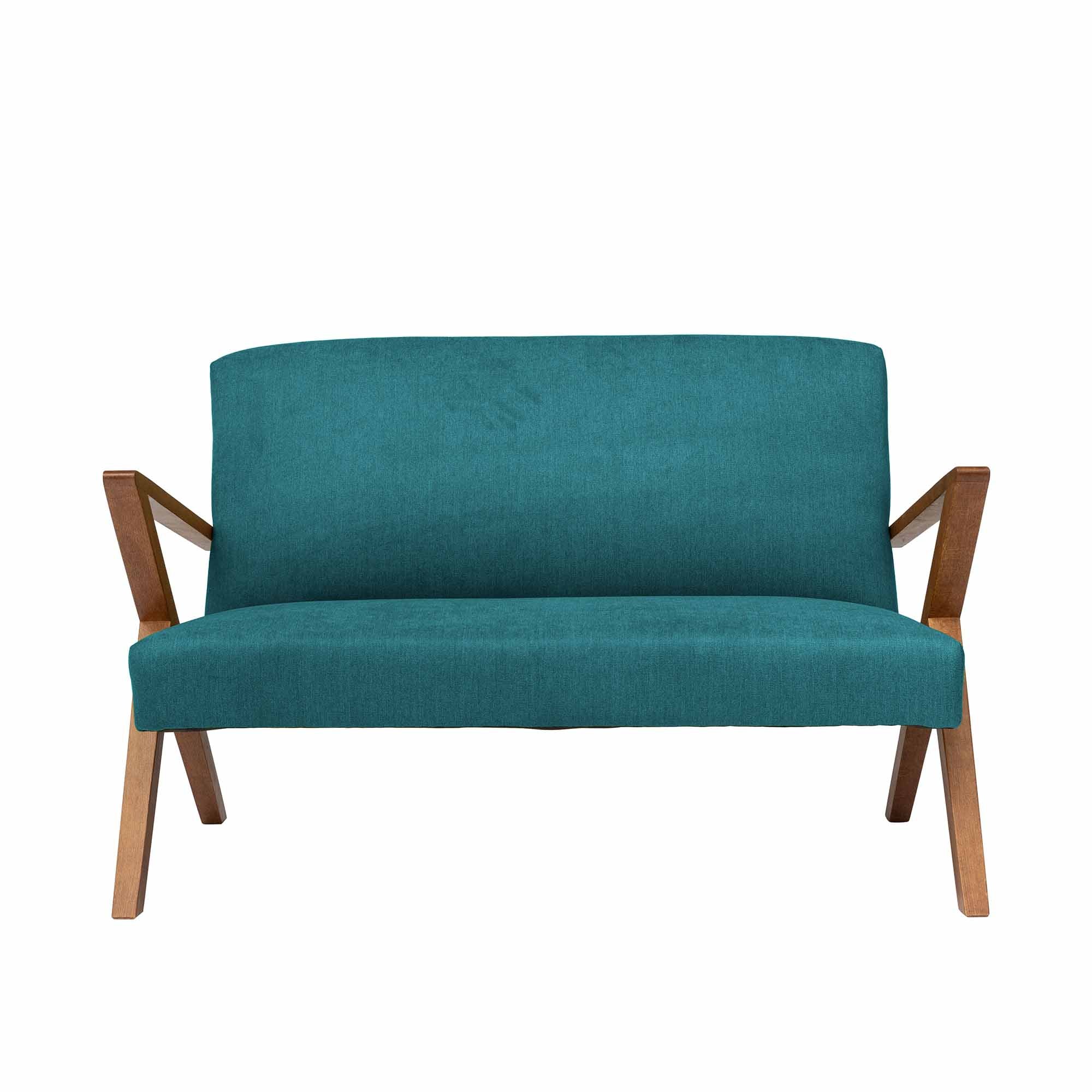  2-Seater Sofa, Beech Wood Frame, Walnut Colour blue fabric, front view