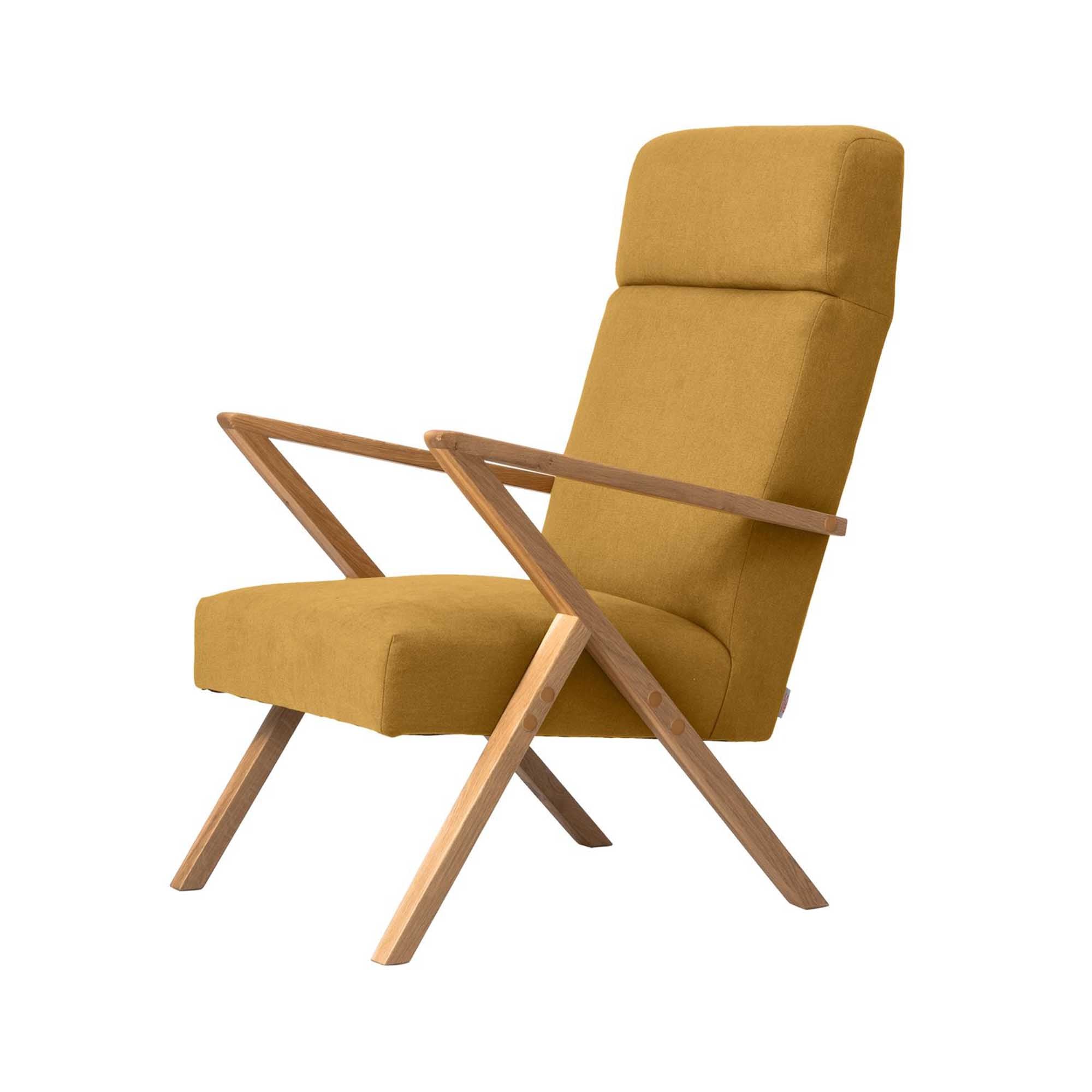 Lounge Chair, Oak Wood Frame, Natural Colour, yellow fabric, left side view