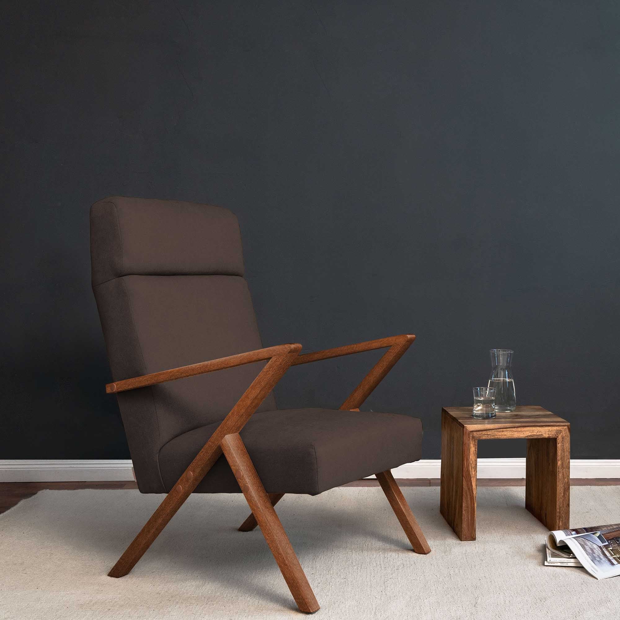 Lounge Chair, Beech Wood Frame, Walnut Colour brown fabric, right side