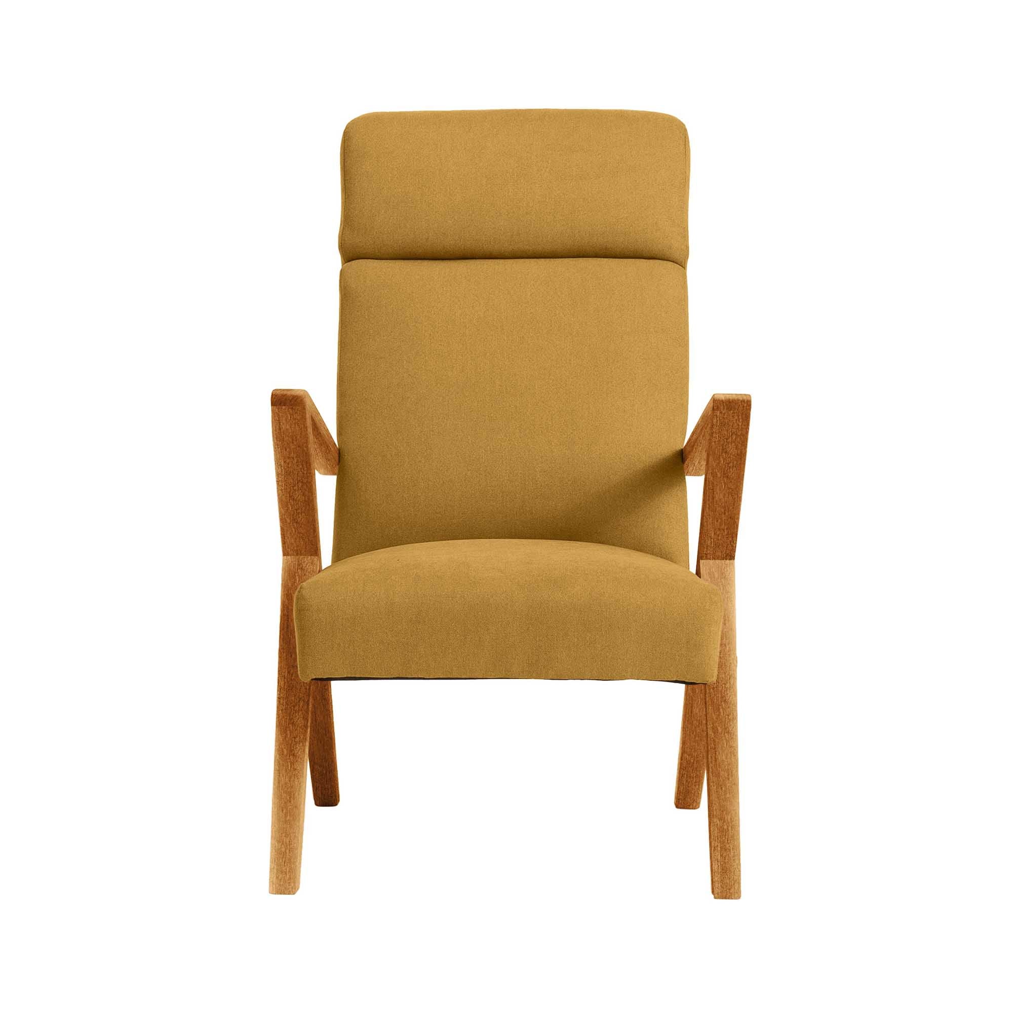 RETROSTAR Lounge Chair, Beech Wood Frame, Oak Colour yellow fabric front view