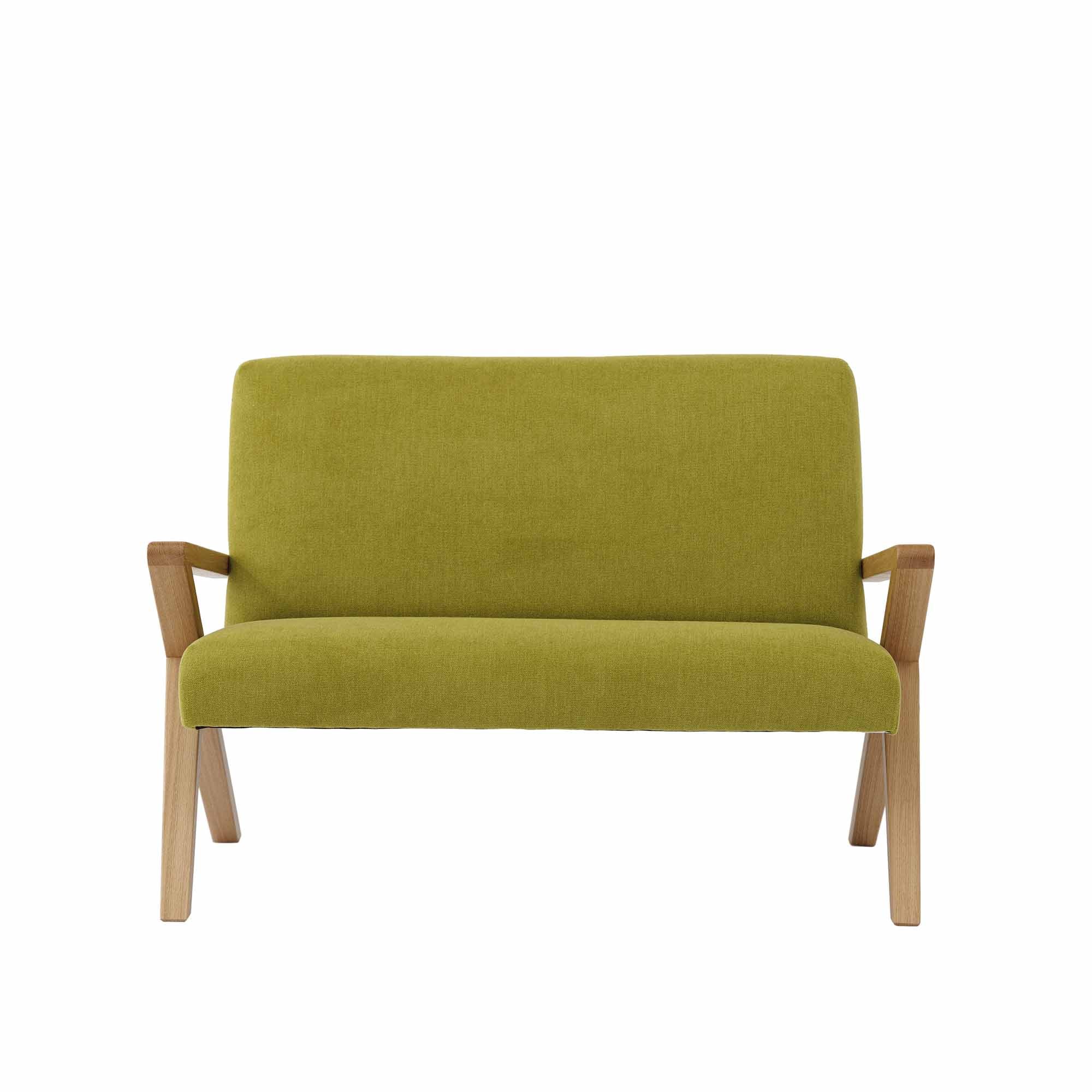 KIDS RETROSTAR 2-Seater Sofa, Oak Wood Frame, Natural green fabric, front view