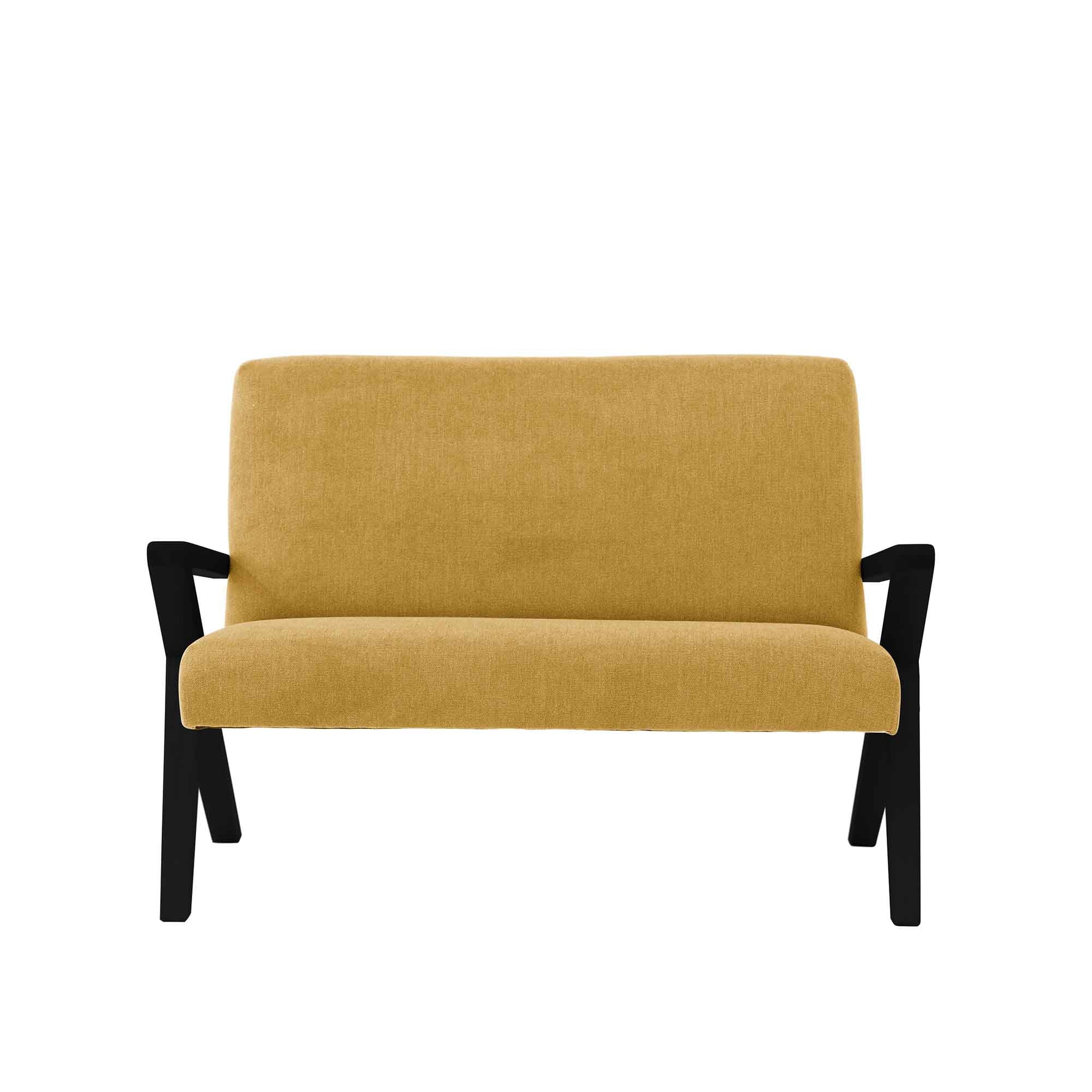  2-Seater Sofa, Beech Wood Frame, Black Lacquered yellow fabric, front view