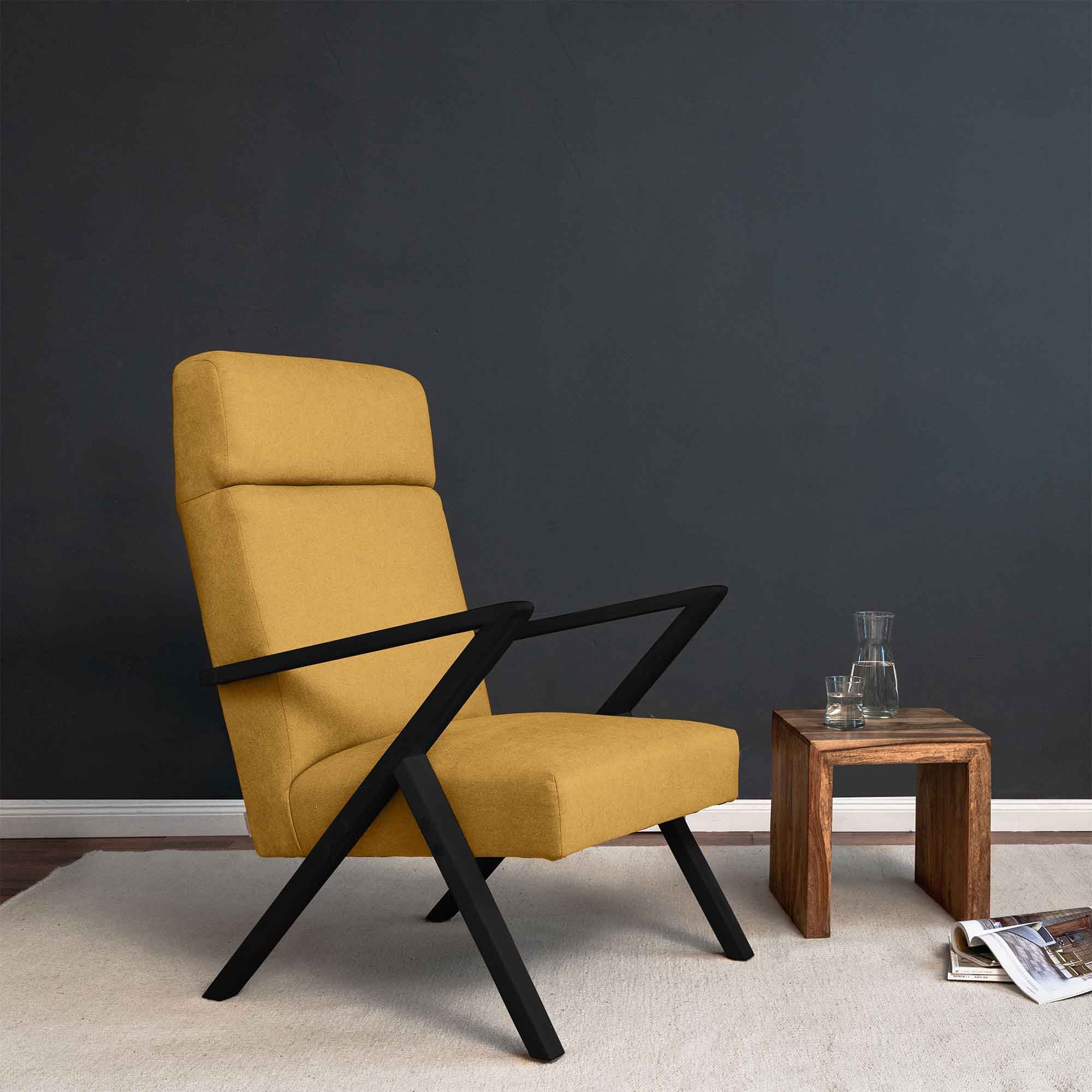 Lounge Chair, Beech Wood Frame, Black Lacquered yellow fabric, right side, interior view