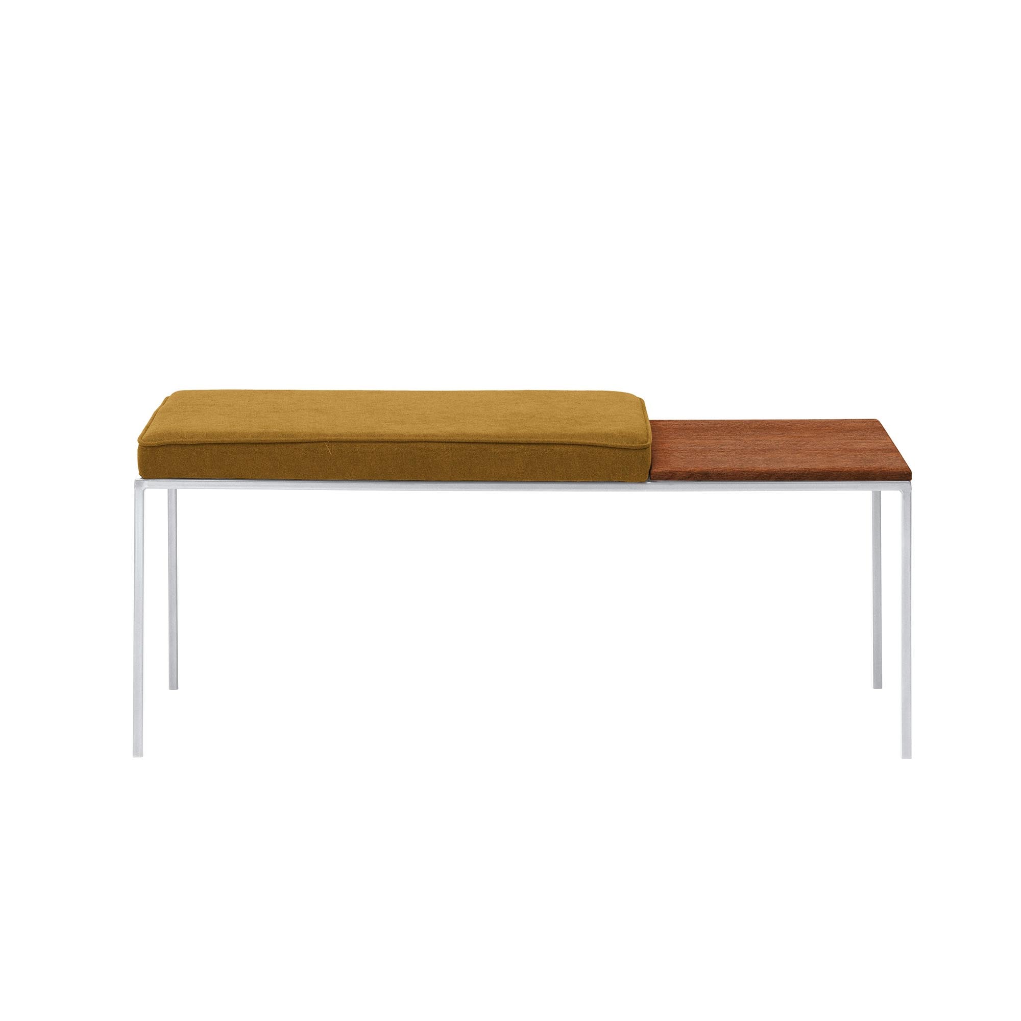 Beech Wood Seat, Walnut Colour, white frame, front view yellow fabric