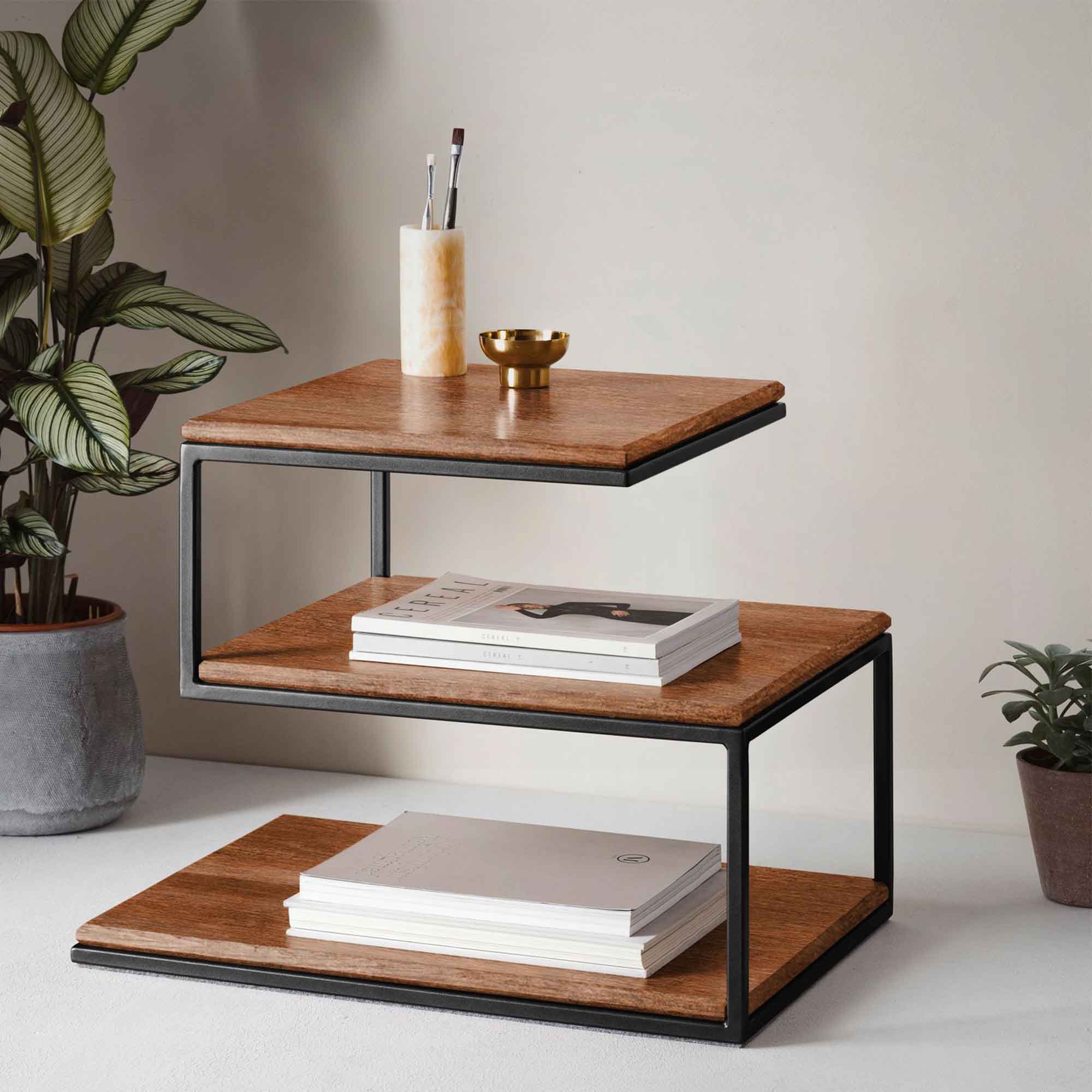 Layer Table, Beech Wood, Walnut Colour black frame side interior view with books