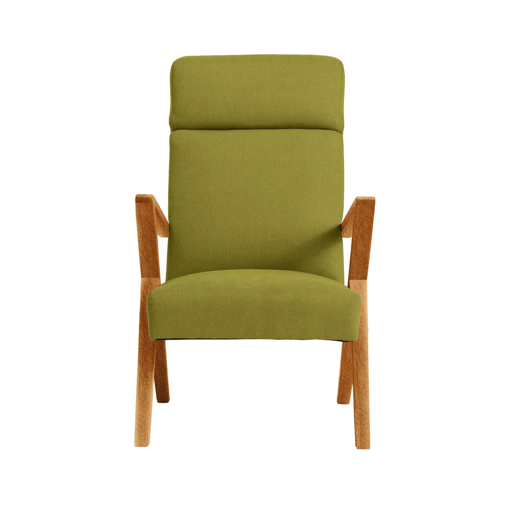 RETROSTAR Lounge Chair, Beech Wood Frame, Oak Colour green fabric, front view