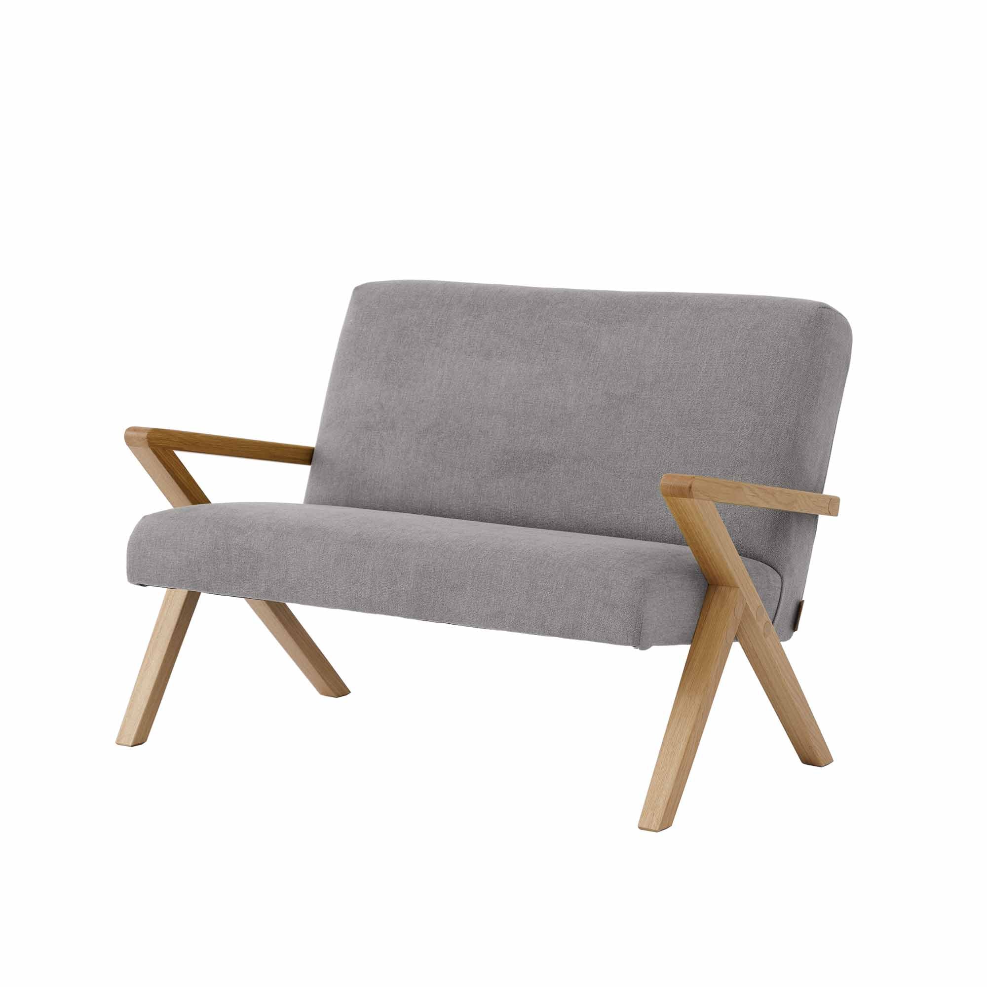 KIDS RETROSTAR 2-Seater Sofa, Oak Wood Frame, Natural grey fabric, half-side view