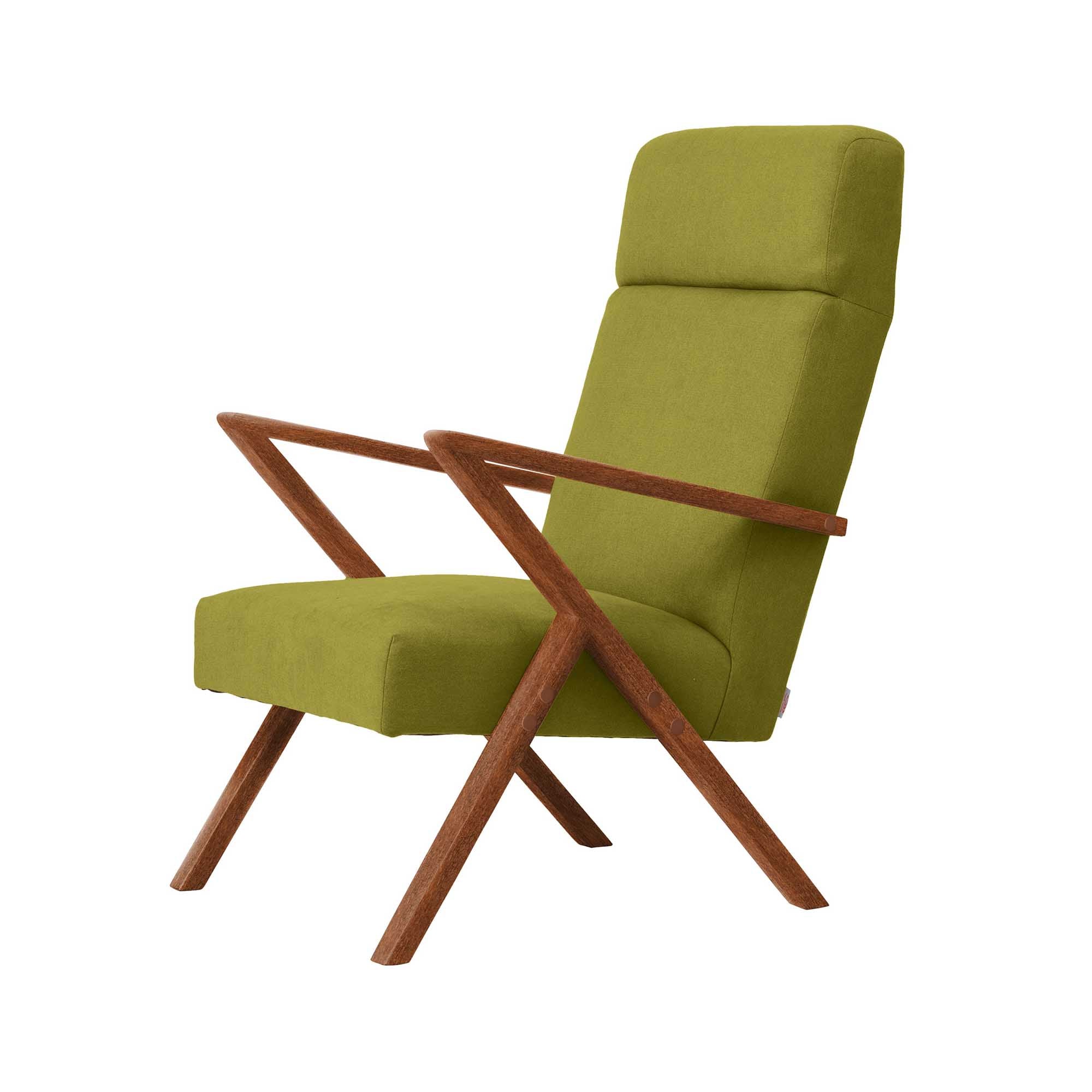 Lounge Chair, Beech Wood Frame, Walnut Colour green fabric, left side