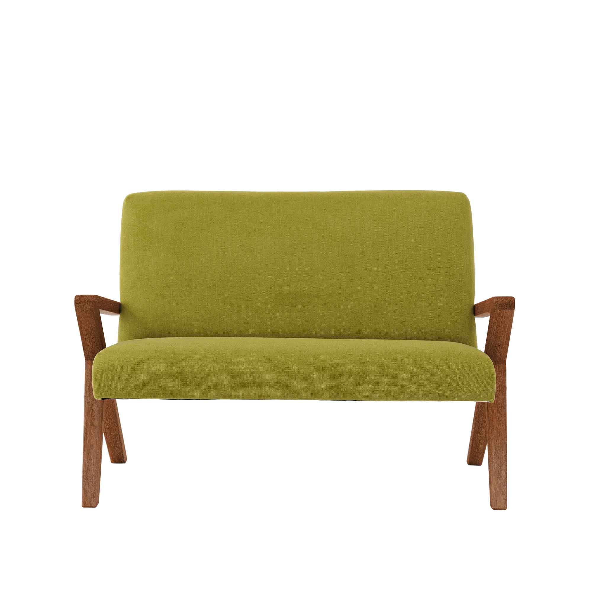  2 Seater Sofa, Beech Wood Frame, Walnut Colour green upholstery, front view