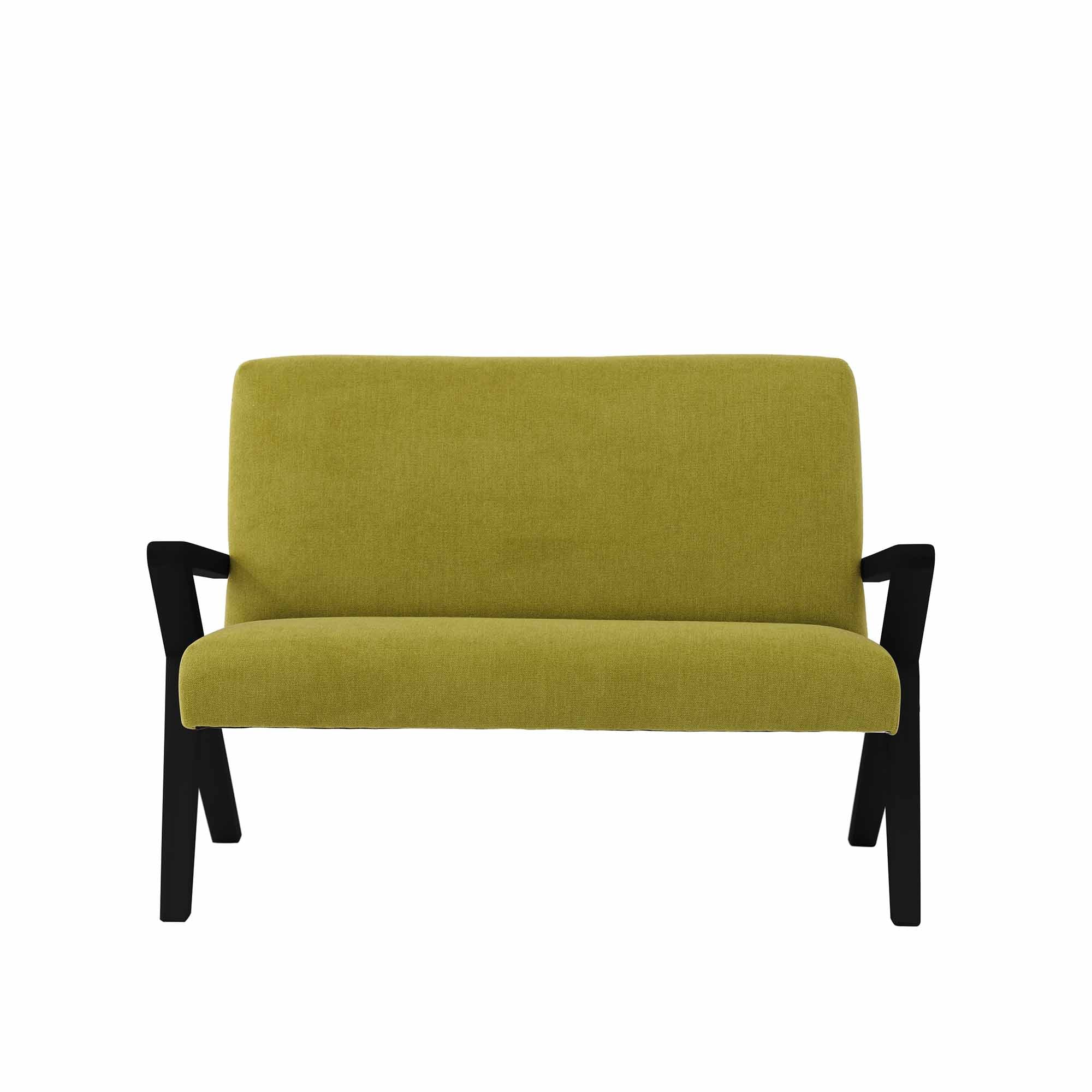  2-Seater Sofa, Beech Wood Frame, Black Lacquered green fabric, front view