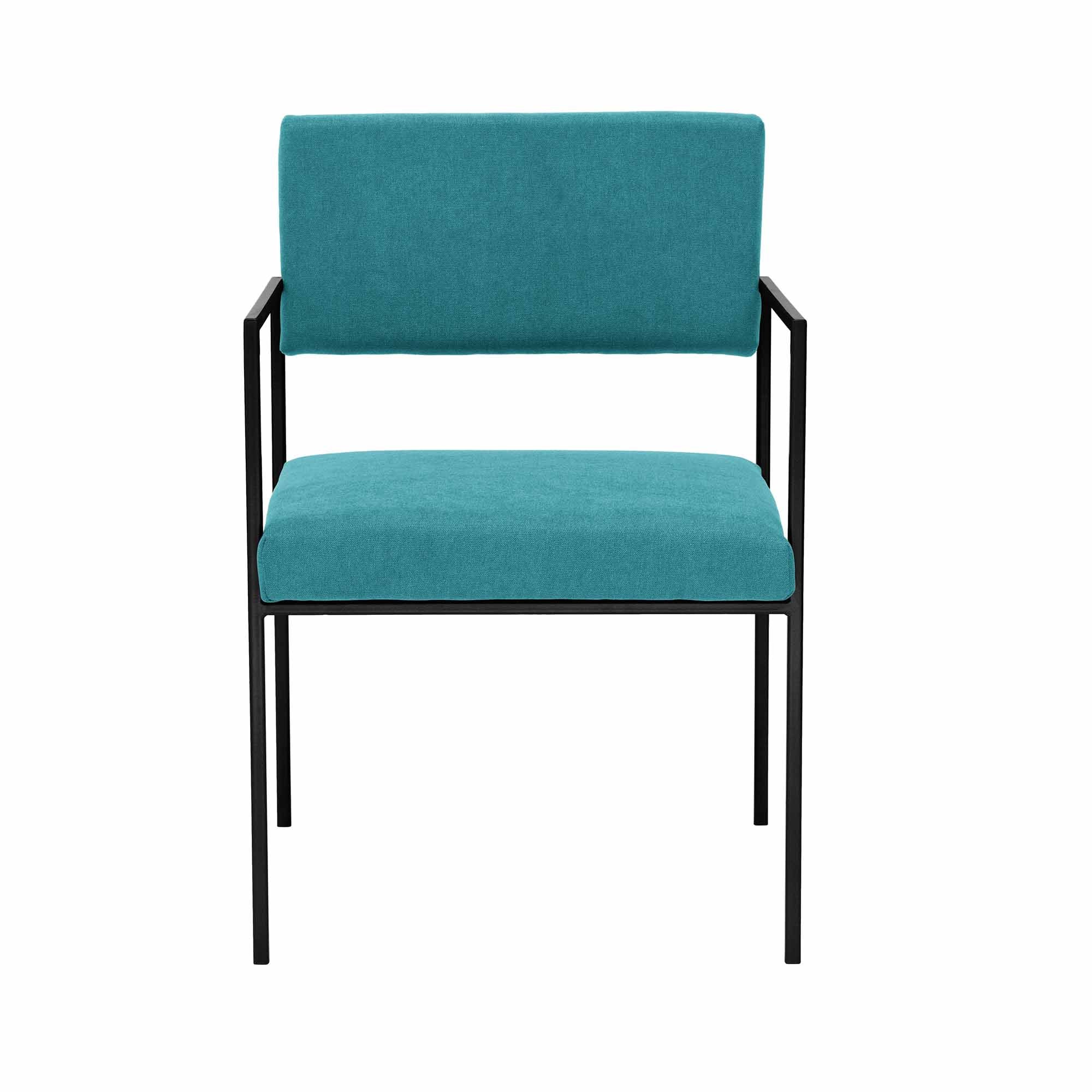 CUBE Armchair, Powder-Coated Steel Frame front view blue fabric, black frame