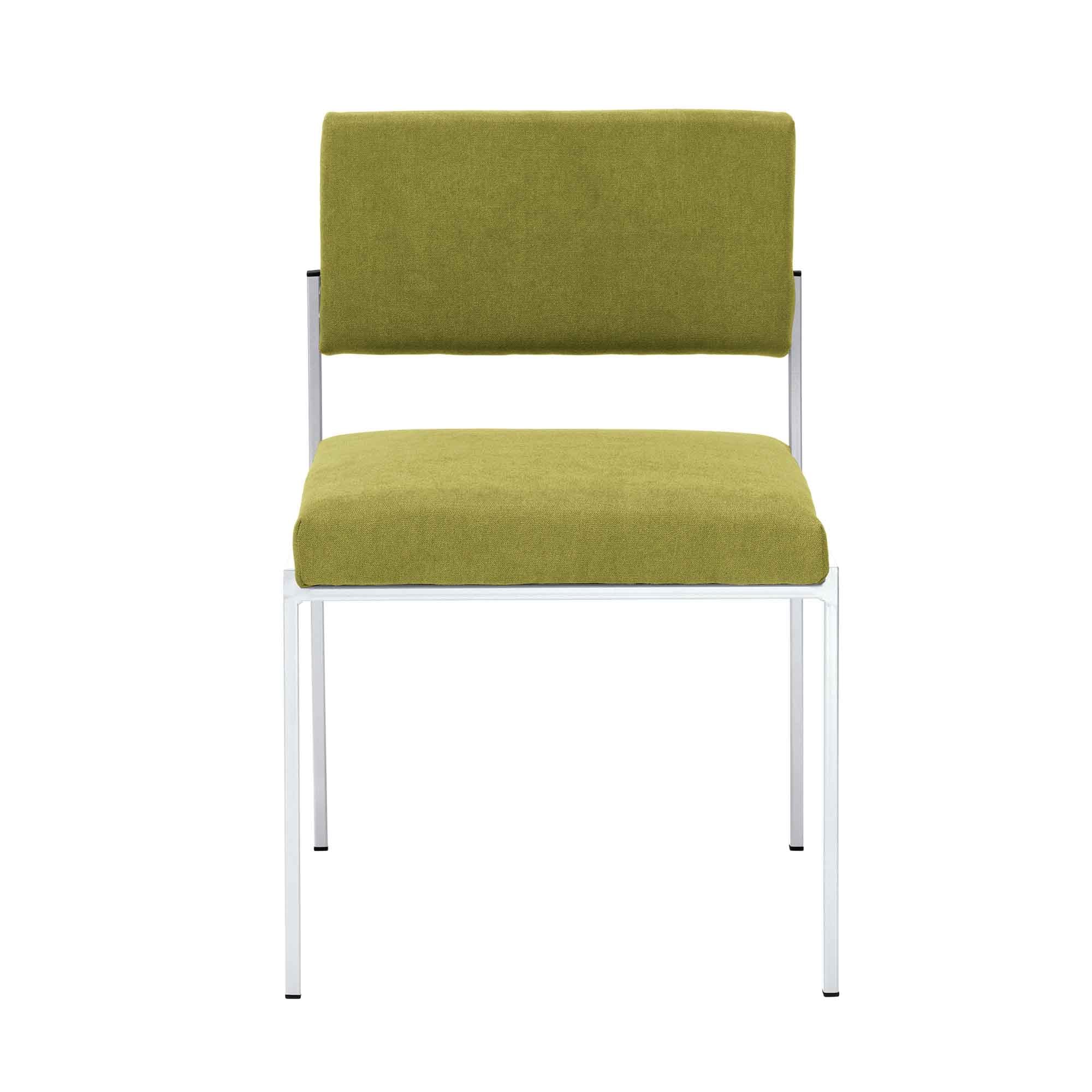  Chair, Powder-Coated Steel Frame, front view green fabric, white frame
