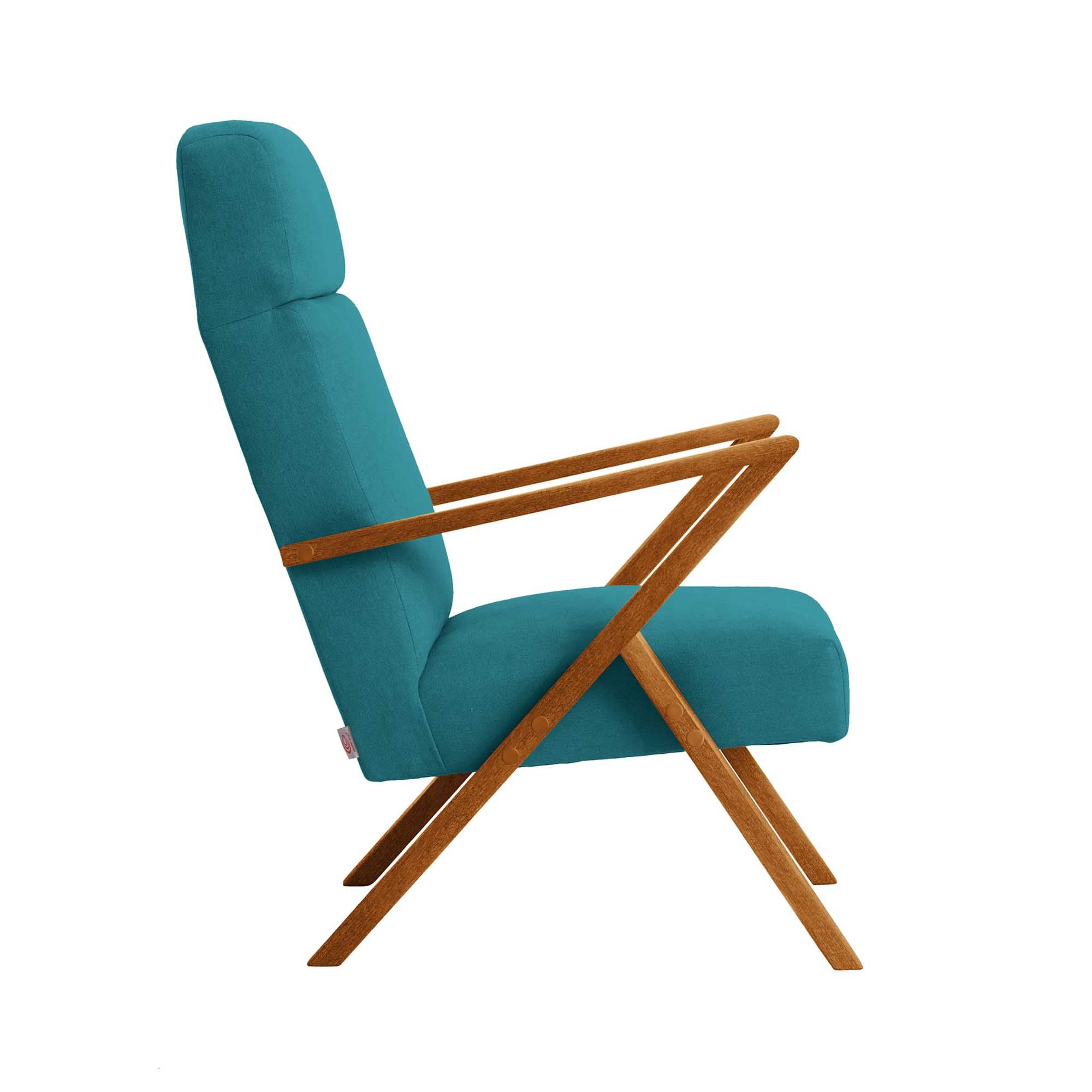 RETROSTAR Lounge Chair, Beech Wood Frame, Oak Colour blue fabric, side view