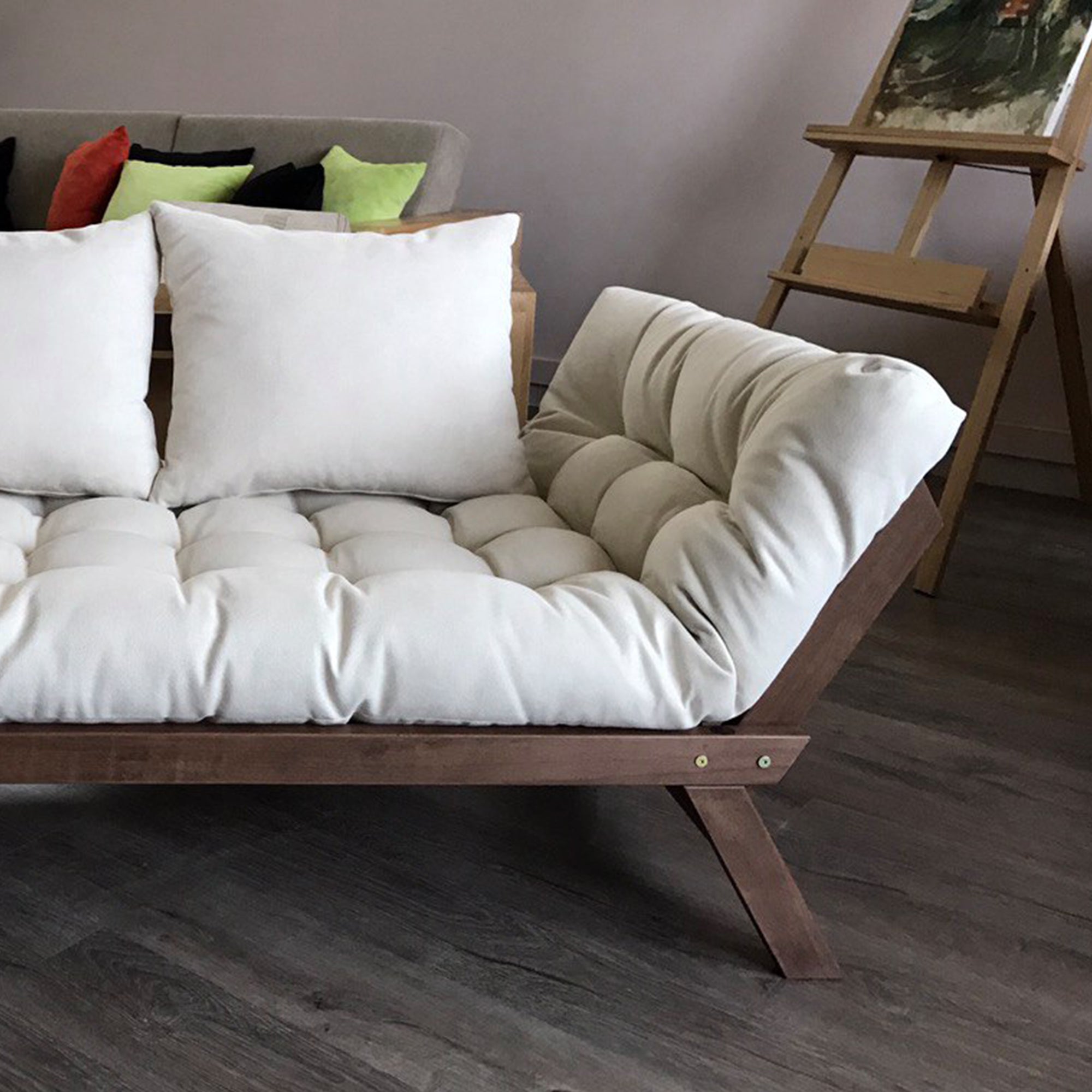 ALLEGRO Folding Sofa Bed, Beech Wood Frame, Walnut Colour upholstery creamy interior crop view