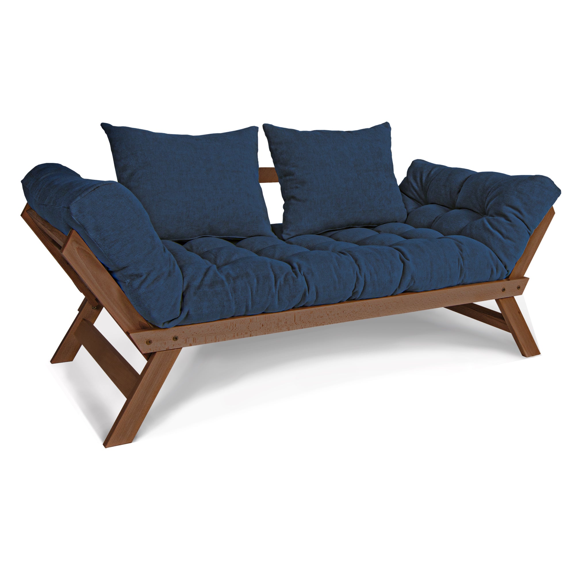 ALLEGRO Folding Sofa Bed, Beech Wood Frame, Walnut Colour upholstery blue