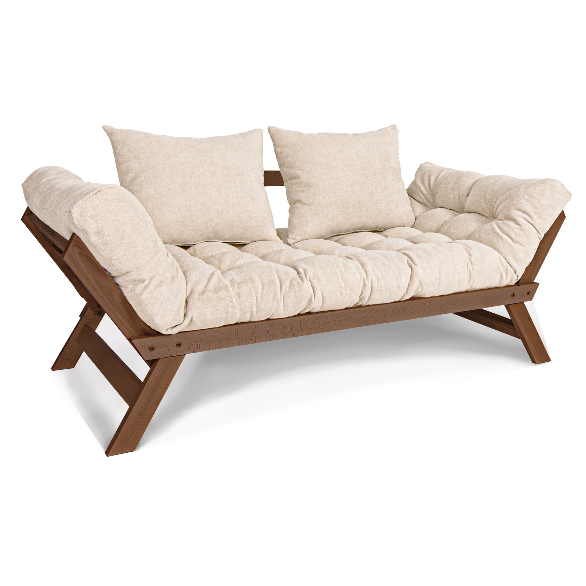ALLEGRO Folding Sofa Bed, Beech Wood Frame, Walnut Colour upholstery creamy