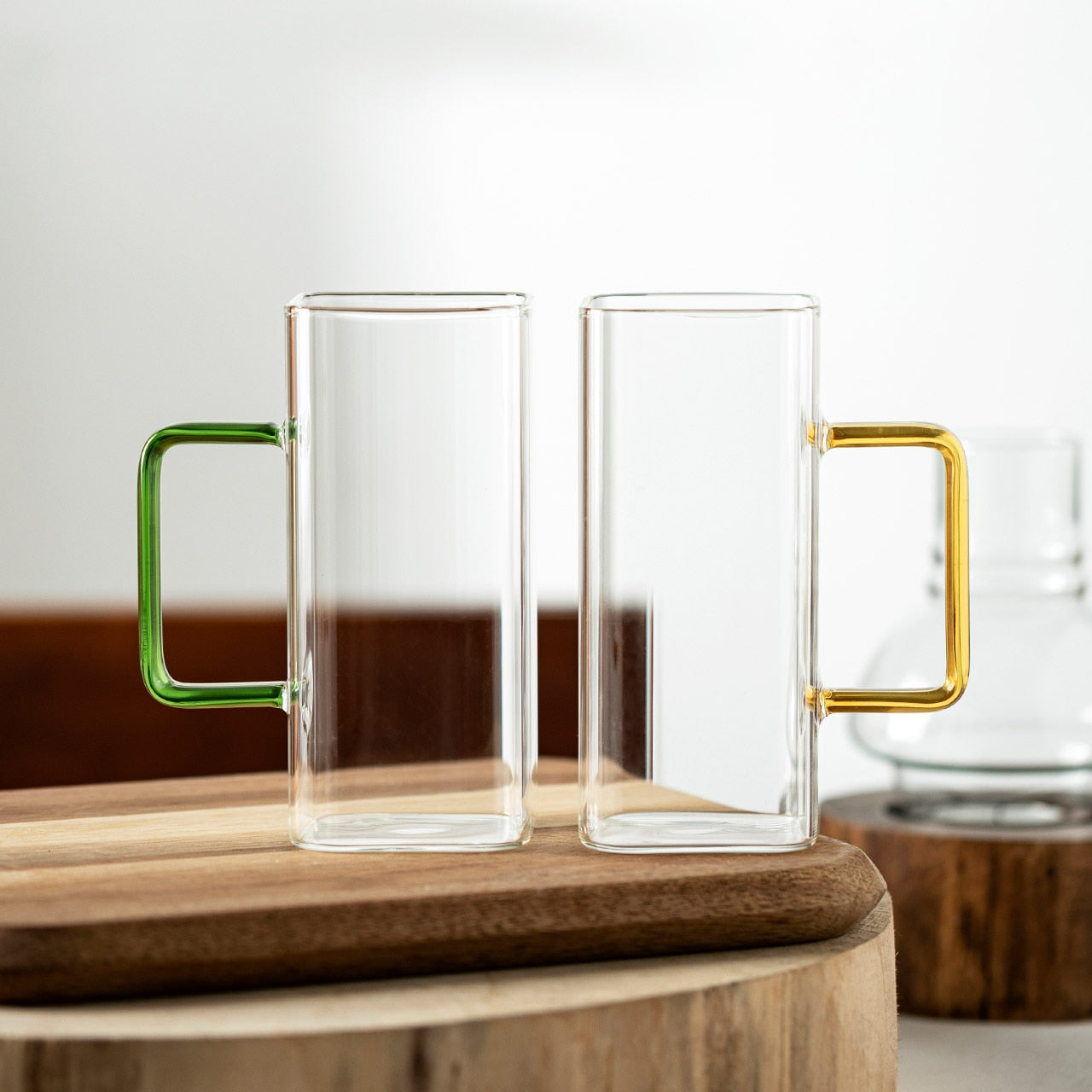 Square Glass Mug With Colourful Handle yellow and green handle