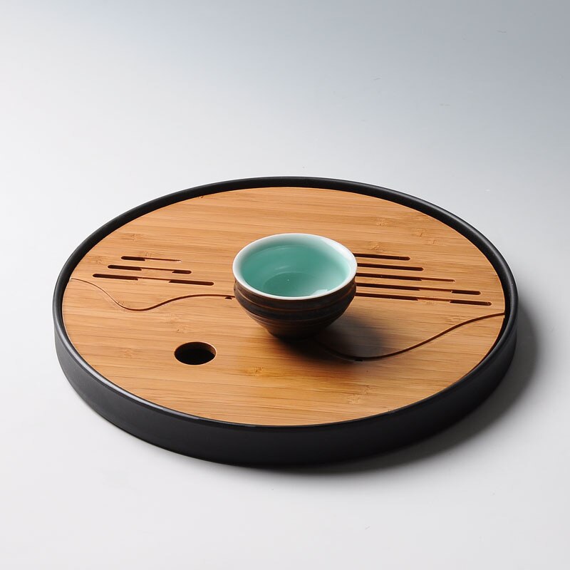 Chinese Kung Fu Bamboo Tea Tray Set black round with a cup
