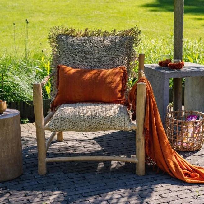 THE S'IL VOUS Plaid Rust Velvet outdoor front view with chair