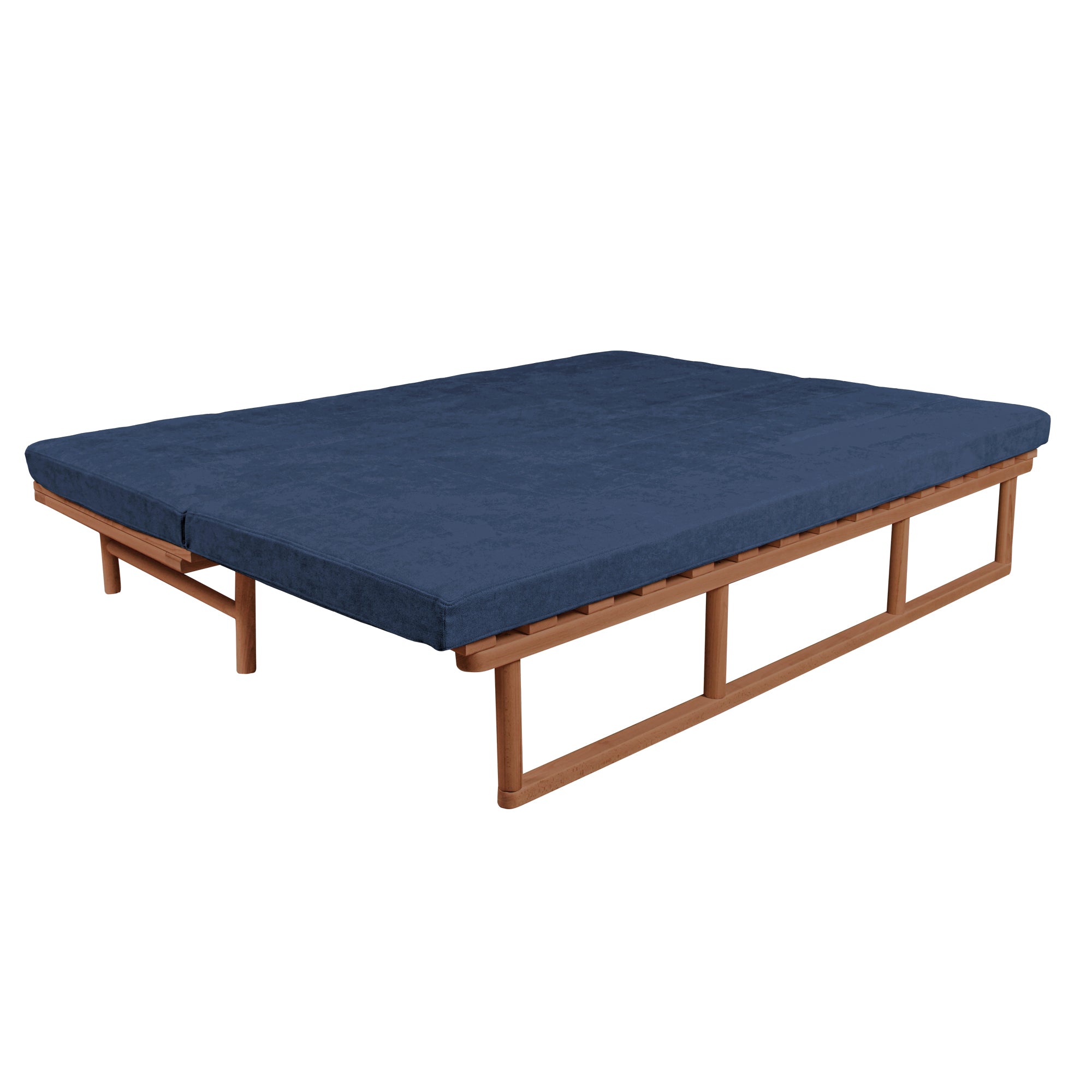 Le MAR Folding Daybed, Beech Wood Frame, Caramel Colour-blue upholstery-folded view