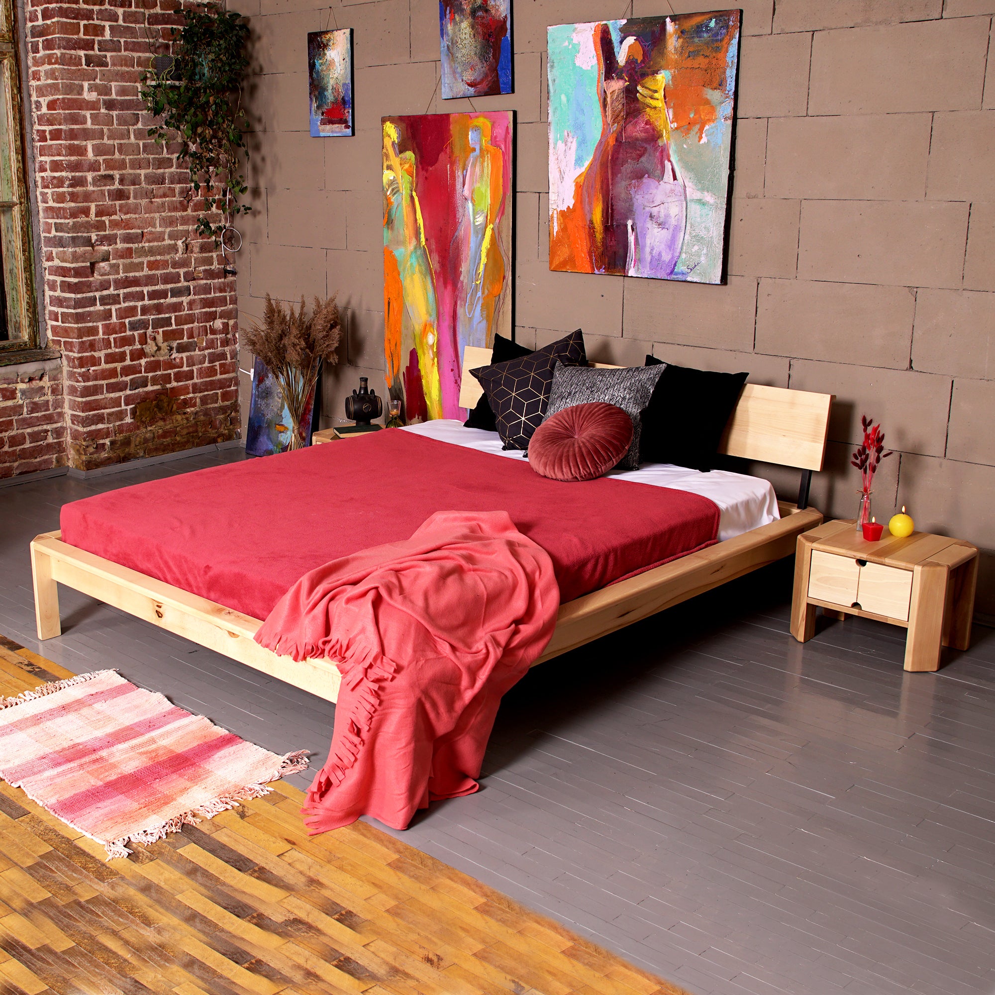 Bedroom Set LOFT, Bed with 2 Bedside Tables, Natural Colour-interior view