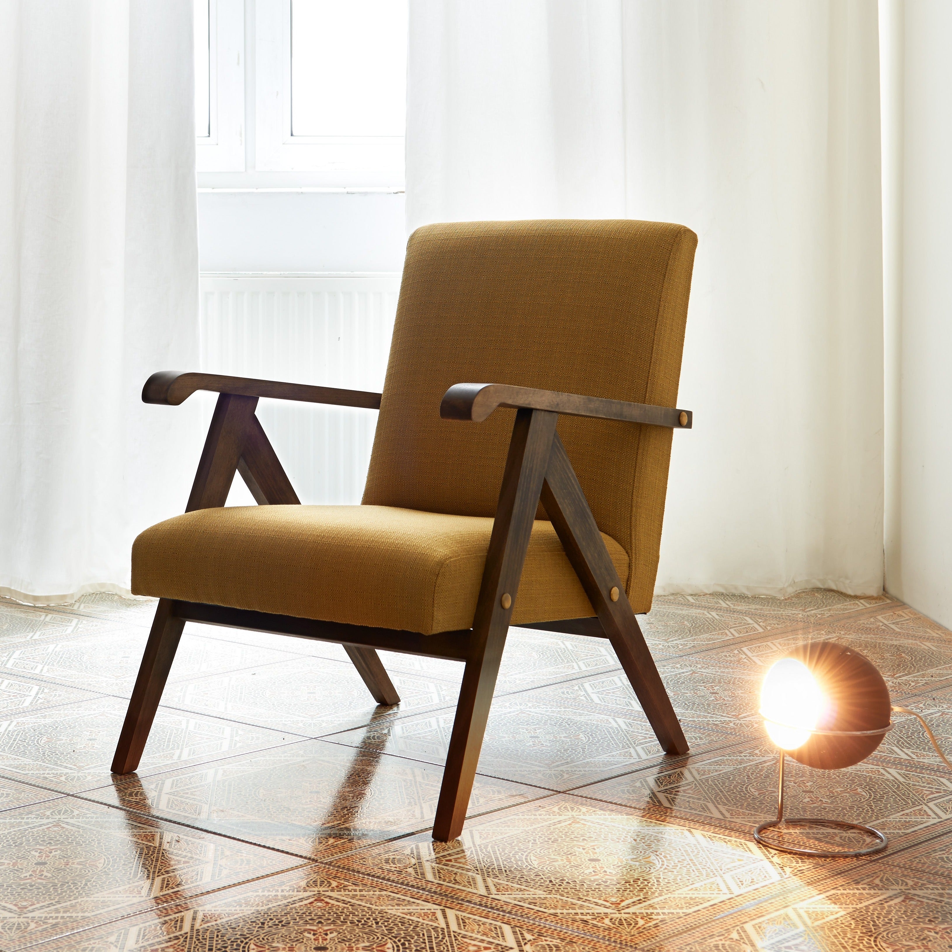 MONKLET Chair upholstery colour mustard, dark beech frame